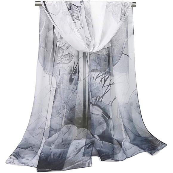 NEW Womens Beautiful Sheer Floral Pattern Scarf Super Soft and Silky GRAY OMBRE - Picture 2 of 2